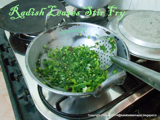 Radish leaves stir fry getting ready