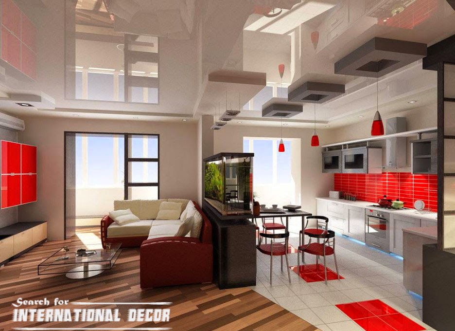 red and white living room with kitchen combined