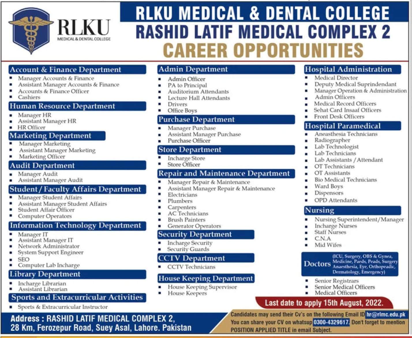 Rashid Latif Medical Complex Jobs 2022 – PLMC jobs 2022