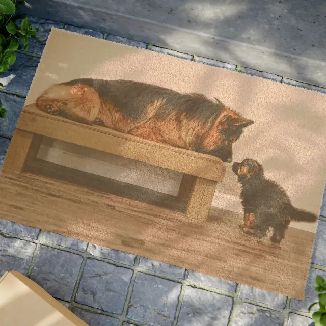Doormat With Large Black and Red German Shepherd Looking At Puppy