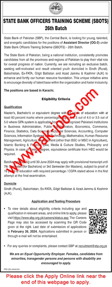 State Bank of Pakistan February 2024 jobs - SBP Apply Online Assistant Directors Officers Training Scheme SBOTS