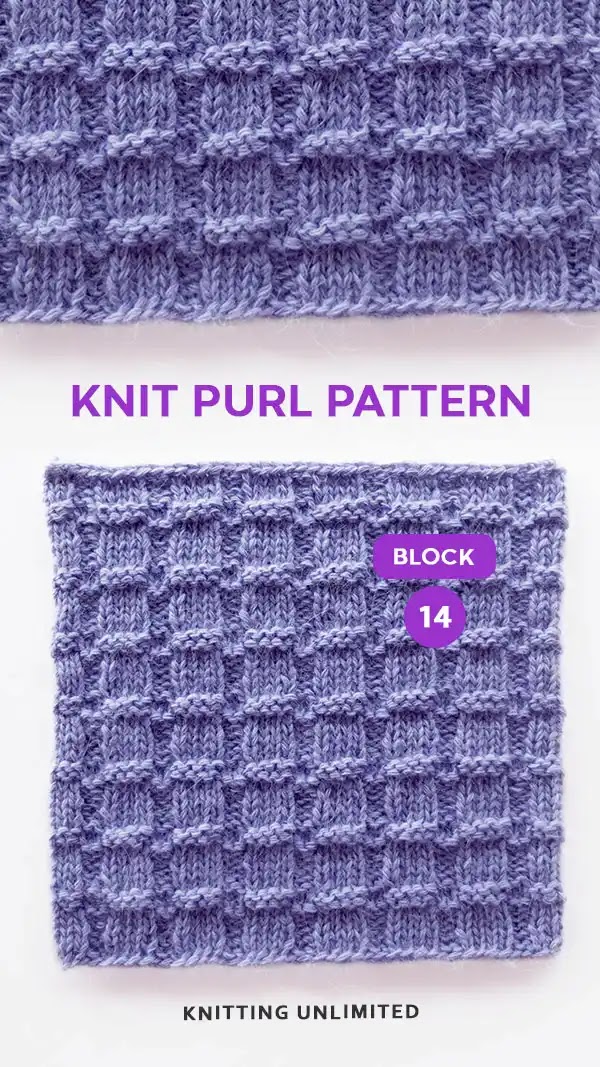 Waffle rib Pattern. Knit Purl Square No 14. This is created by alternating knit and purl stitches in a single row. It creates a stretchy fabric that is often used for dishcloths.