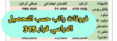 فروقات راتب حسب التحصيل الدراسي قرار 315