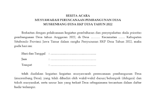 Download Lengkap Berita Acara Musrenbang Desa RKP Desa Tahun 2022