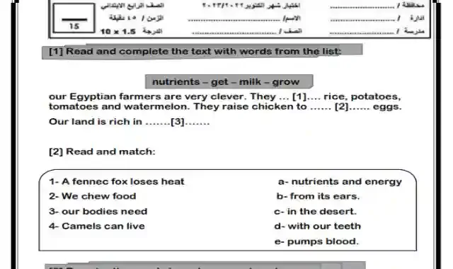 امتحان شهر اكتوبر فى اللغة الانجليزية كونكت 4 للصف الرابع الابتدائى الترم الاول 2023