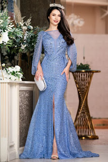 Rochie de lux Zandra bleu-ciel pretioasa cu perle