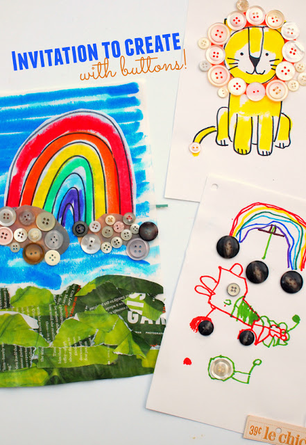 Invitation to create with buttons- make button art collages with the kids