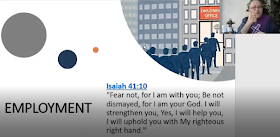 slide showing the word "employment" with a scripture verse from Isaiah 41.10. Rev. Yates is in the top right-hand corner signing.