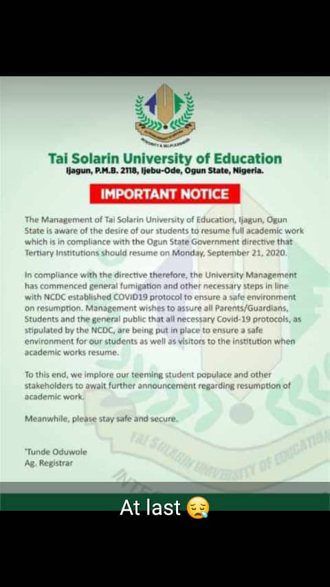 tai solarin university resumption date