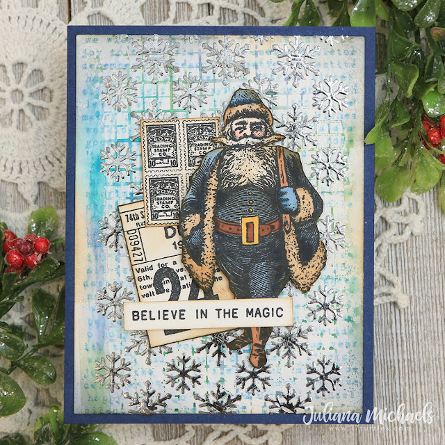 Believe In The Magic Christmas Card with Stenciled Backgrounds with Distress Ink and Foil by Juliana Michaels