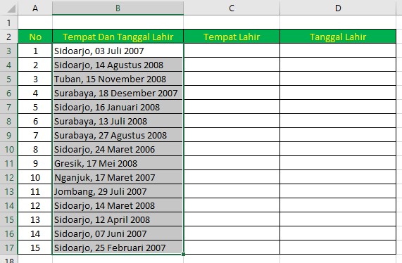 Cara Memisahkan Tempat Tanggal Lahir di Excel