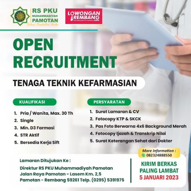 4 Lowongan Kerja Pegawai Customer Service Farmasi Desain Grafis dan Staf Admin Rumah Sakit PKU Muhammadiyah Rembang
