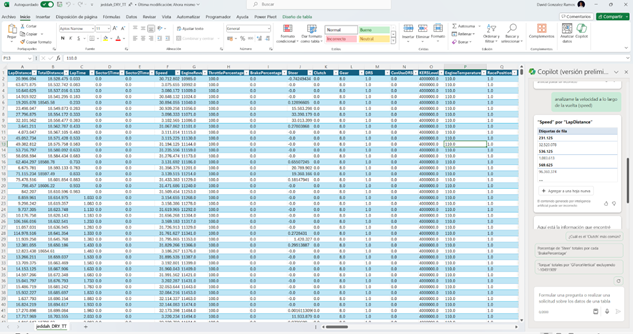 Excel con datos detallados de una telemetría de F1