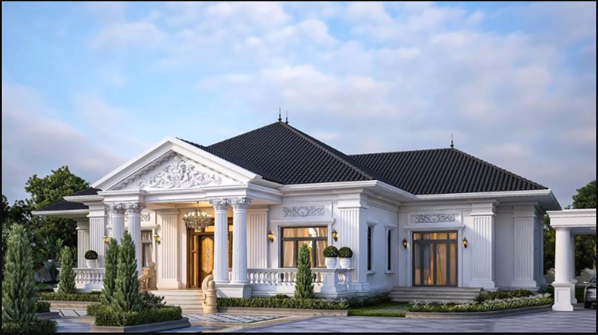 Mẫu nhà biệt thự tân cổ điển 1 tầng nổi bật với kiến trúc cột trụ Nam Định