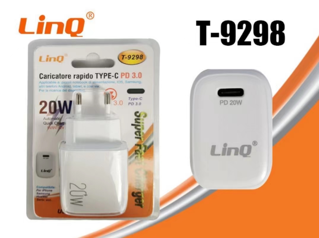 LINQ T-9298 Caricabatterie Rapido da parete e adattatore USB-C
