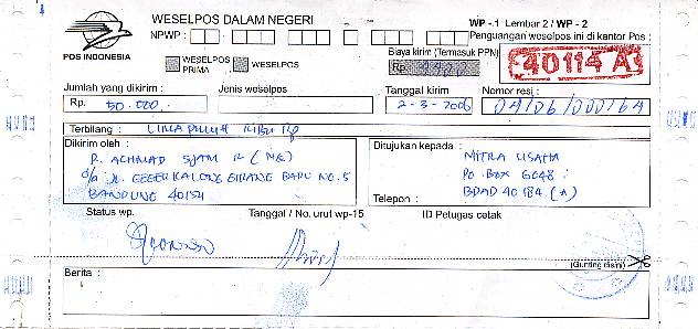 Contoh Surat Wesel dalam negeri dari Pos Indonesia.