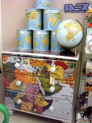 Art furniture with world maps, world map art decor, chest of drawers with world map
