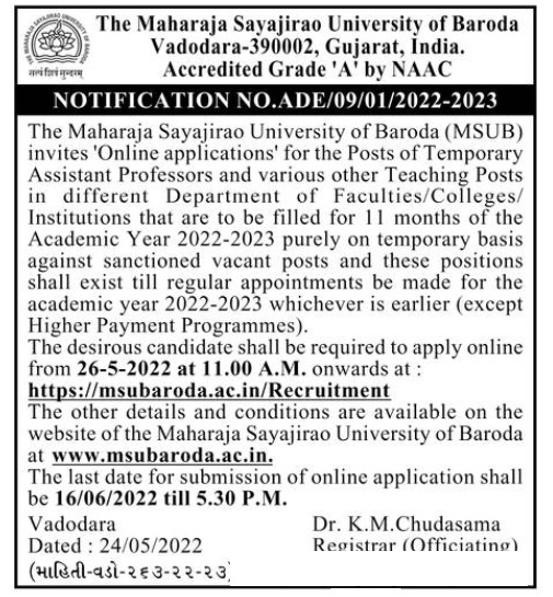 MSU Baroda Recruitment 2022