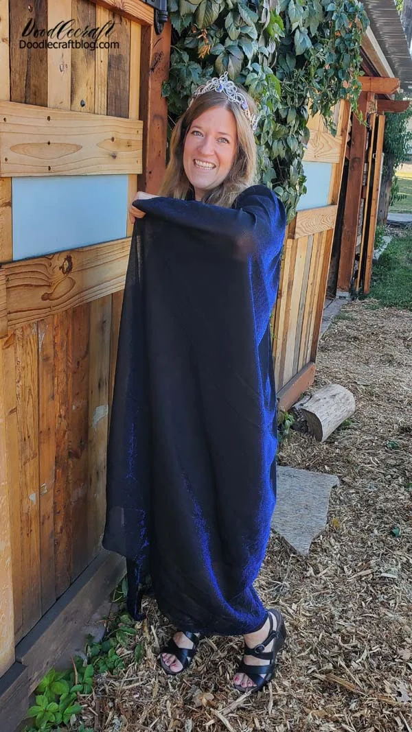 The size of this cape is perfect. It fits my height to a tee, so I didn't even need to trim a thing.     The width is perfect too.    Alter the fabric based on the person you are designing it for.