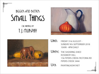 Exhibition flyer including show details and pictures of a jug with a pumpkin and a wooden elephant with a banana.