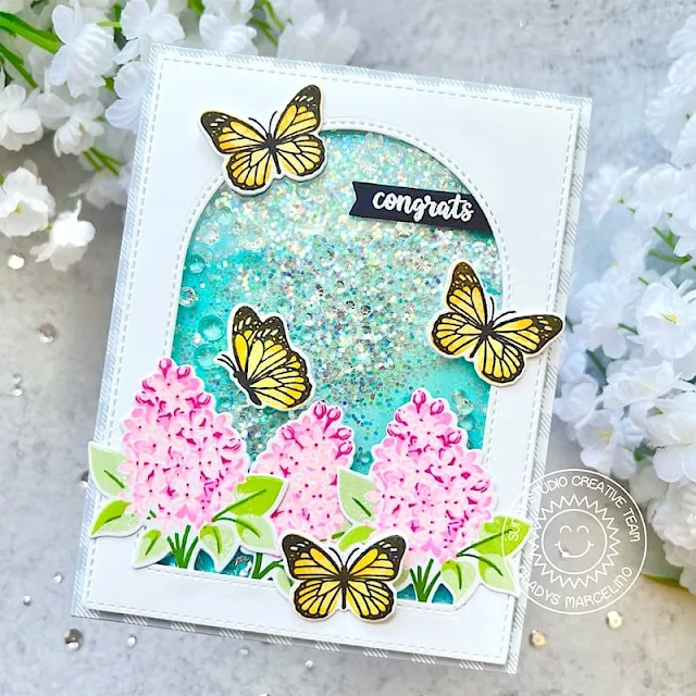 Sunny Studio Stamps: Watering Can Card by Gladys Marcelino (featuring Lovely Lilacs, Stitched Arch Dies)