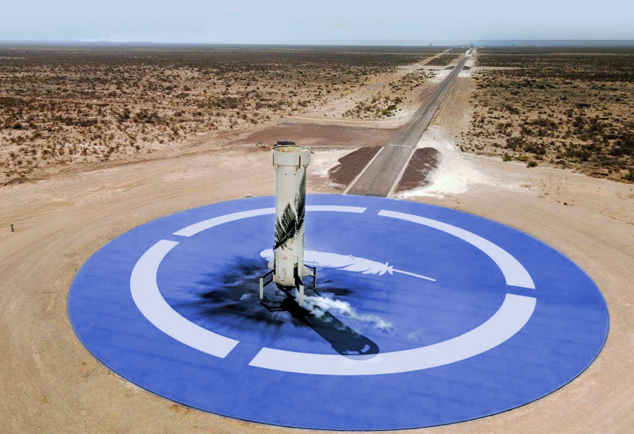 The New Shepard rocket booster successful landed on the Blue Origin launchpad after a test flight on 15 April 2021. Blue Origin, 2021.