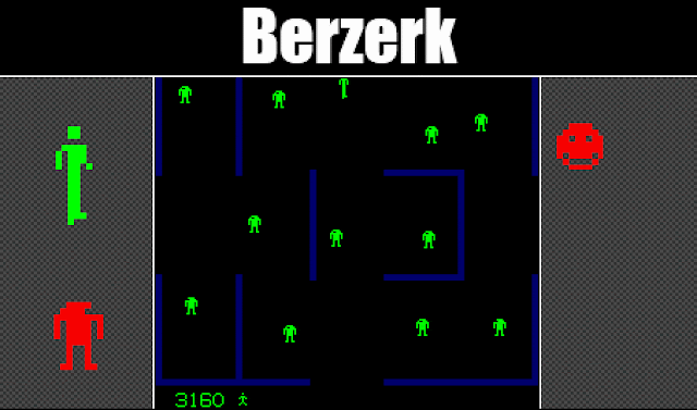 Demo of the sprites and gaemplay from the 1980 arcade game, Berzerk.  It shows the player, a robot, and Evil Otto.