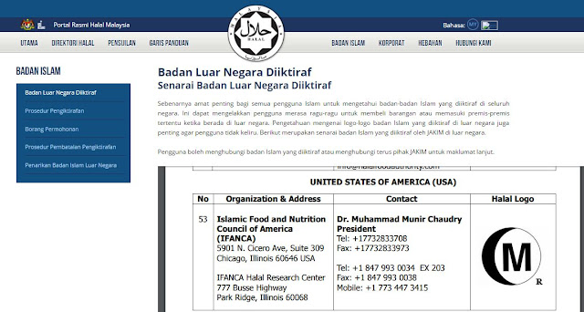 IFANCA DIIKTIRAF BADAN HALAL MALAYSIA