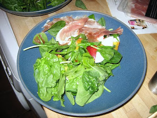 mozzarella, peach, basil and parma ham salad