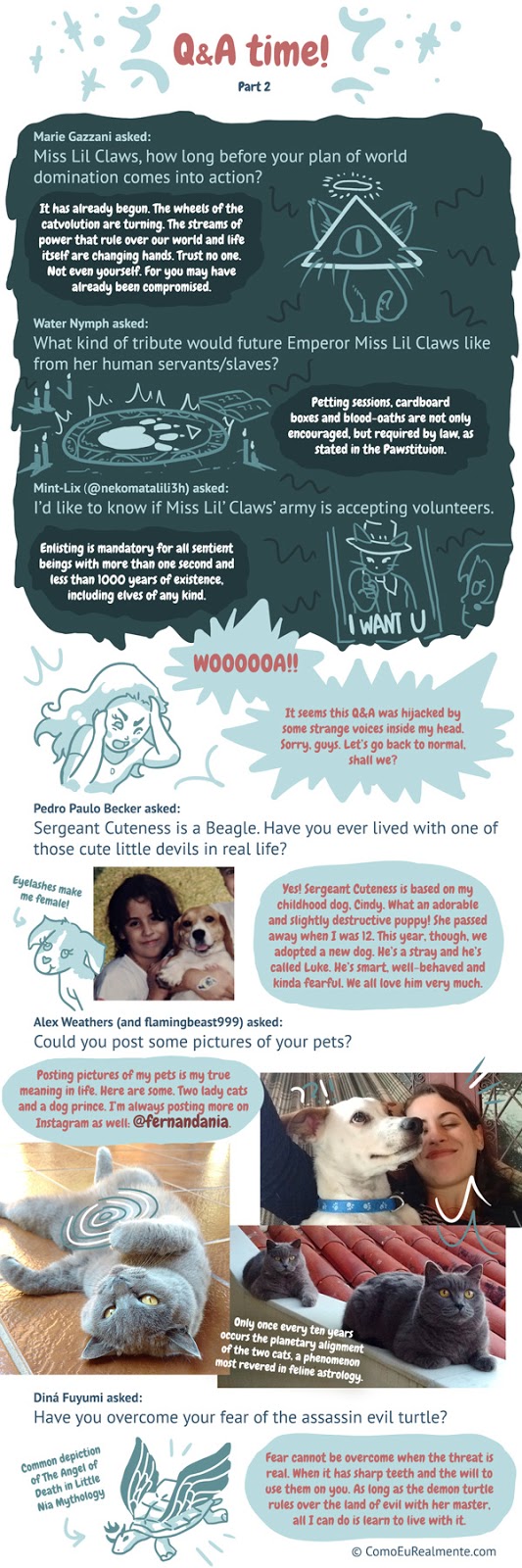 a bunch of questions readers asked me about my pets, miss little clawses, my family and how I started drawing