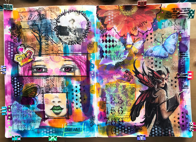 completed collage spread in my XL Leda Sketchbook, mixed media fun, Alice Hendon