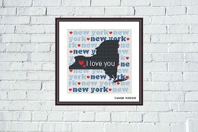 New York state map silhouette typography cross stitch pattern - Tango Stitch