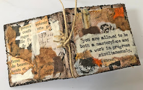 Recycled mini book with Tim Holtz Theories stamp set