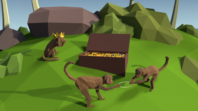 Monkeys fighting over treasure on an island