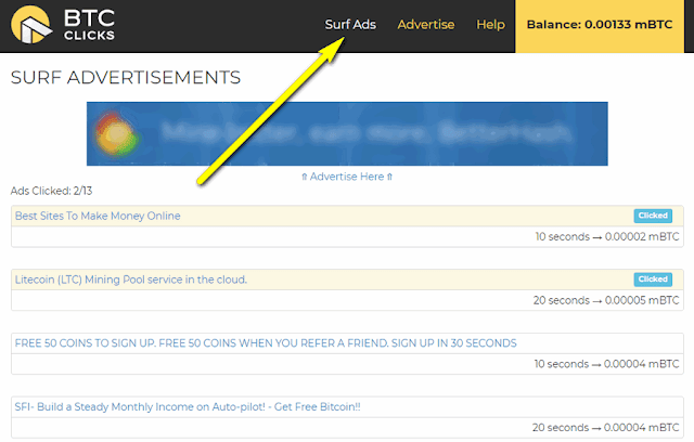 btcclicks surf ads bitcoin ptc