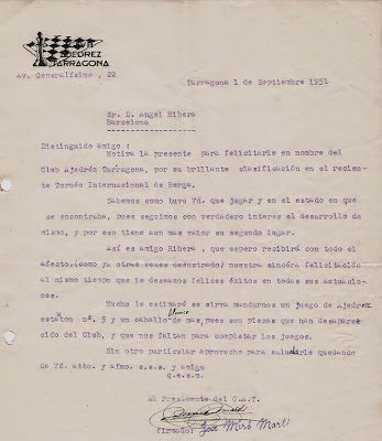 Carta de Josep Miró Martí a Ángel Ribera, 1951