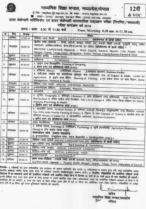 MP Board MPBSE Higher Secondary 12th HSSC Date Sheet Time Table 2014