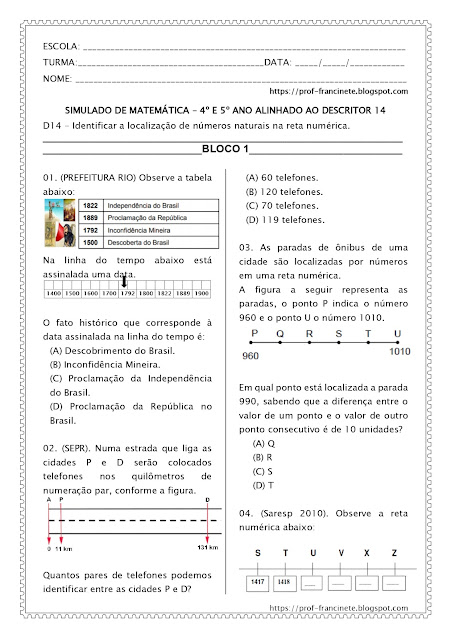 SIMULADO DE MATEMÁTICA – 4º E 5º ANO ALINHADO AO DESCRITOR 14