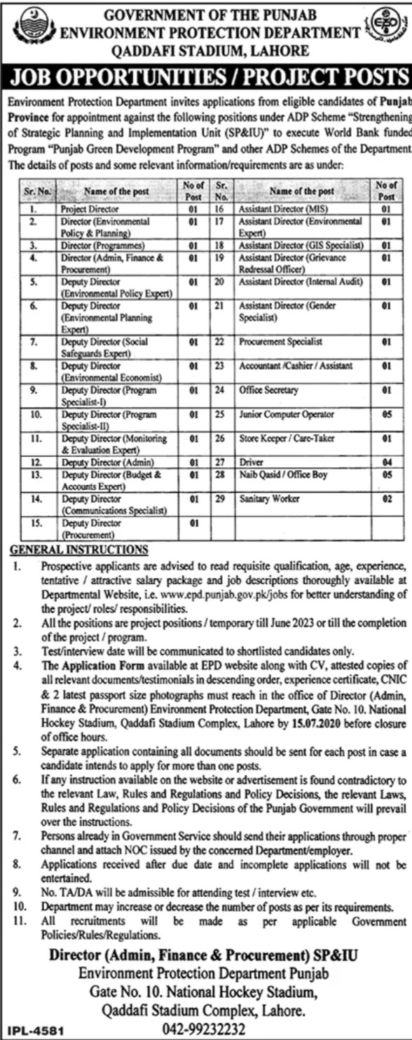 Environment Protection Department Punjab Lahore Jobs 2020