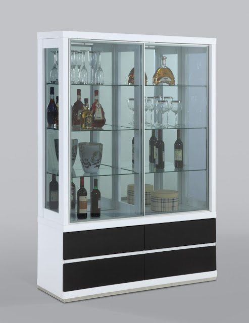 black and white modern curio cabinet with glass door