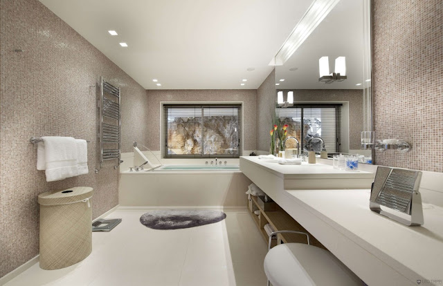Another modern large bathroom with bright furniture 