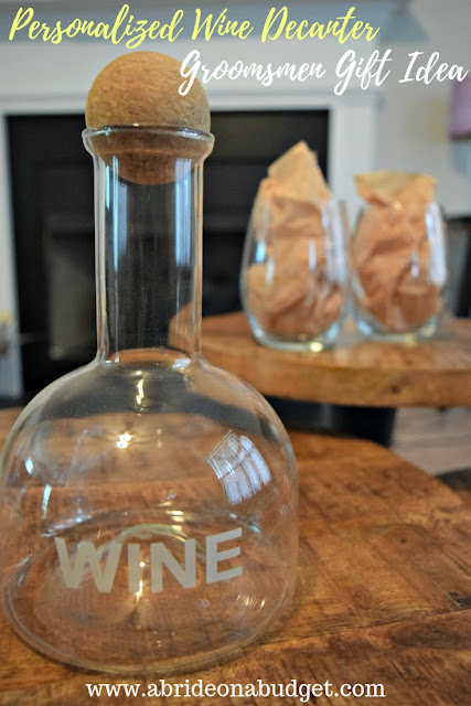 A great adult-friendly groomsmen gift idea is this personalized wine decanter. Find out all about it on www.abrideonabudget.com.