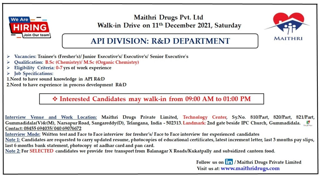 Job Availables,Maithri Drugs Pvt. Ltd Walk-In-Interview For BSc Chemistry/ Msc Organic Chemistry