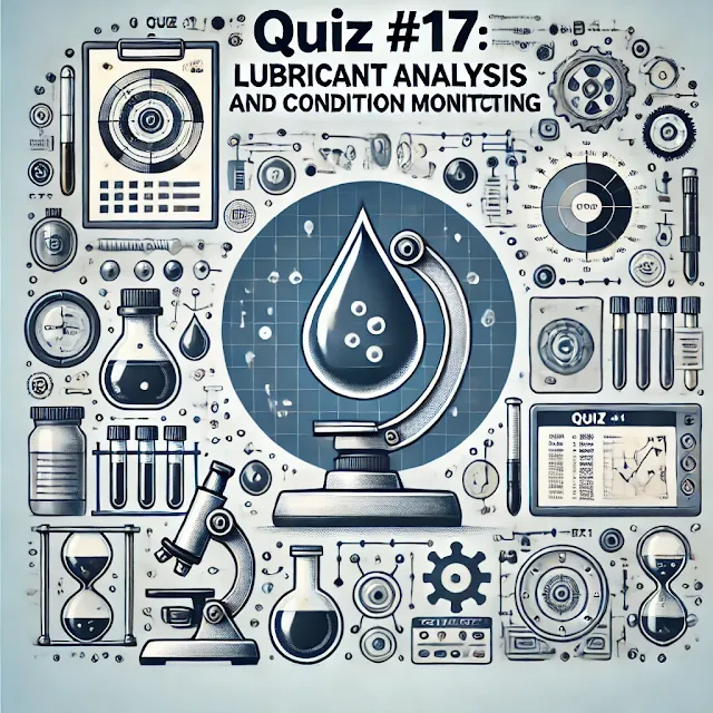 Quiz #17: Lubricant Analysis and Condition Monitoring tests your knowledge on various techniques and principles used in monitoring the condition of lubricants in machinery. The quiz covers topics such as water contamination detection, wear particle analysis, Total Base Number (TBN) monitoring, ferrography, Fourier Transform Infrared (FTIR) Spectroscopy, and more. It includes multiple-choice questions that focus on key concepts like oxidation stability, coolant contamination diagnosis, and lubricant degradation, providing a comprehensive overview for those studying or working in maintenance, reliability, and lubrication management.