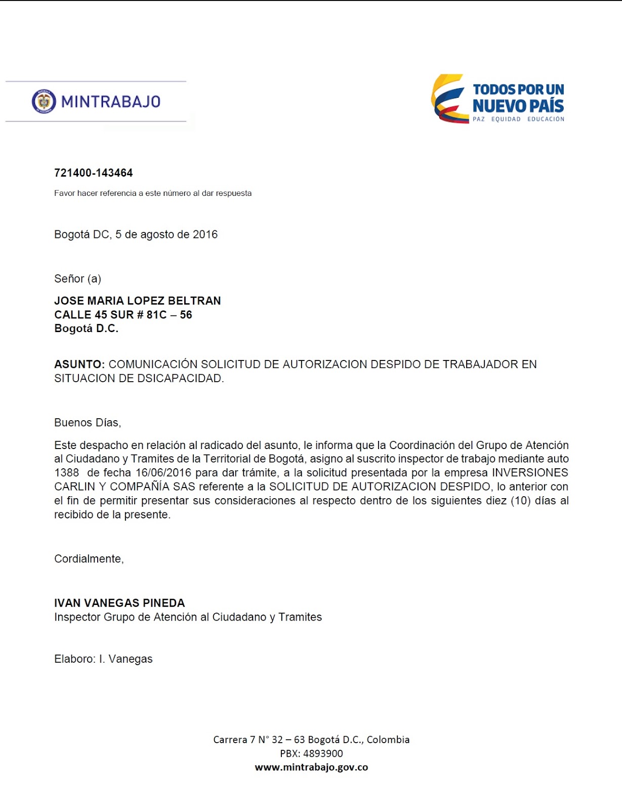 PSICOLABOR HONORABLE: EJEMPLO CARTA "AUTORIZACIÓN DESPIDO"