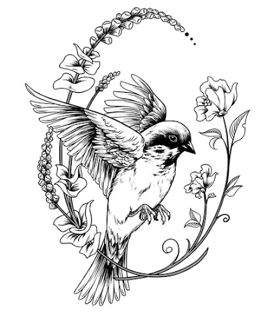 Sparrow-with-Flowers-Tattoo-Design