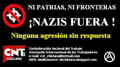 https://www.facebook.com/pages/Anarquistas/378066755607147       España: impunidad ante la simbología nazi Inundan internet, y podemos verlos en las calles o en muchos estadios de fútbol cualquier día de partido. En España, los símbolos nazis no están prohibidos. Da igual que formen parte de una bandera, un cartel, una camiseta, una pegatina o que estén tatuados en la piel de un skin. Los expertos en la persecución legal de la xenofobia confirman que, en nuestro país, se castiga la acción y el mensaje criminales, pero no la utilización de distintivos, por muy abyectas que sean las ideas que representen. La ley española no prevé castigo alguno para la mera exhibición de este tipo de símbolos «si no va acompañada de una conducta activa propia de un crimen de odio». Es decir, la mera exposición de este tipo de imágenes, por sí sola, no es punible. O dicho de otra manera, en España existe barra libre para este tipo de comportamientos. Si no articula discurso alguno ni actúa contra nadie, cualquier energúmeno puede pasear por nuestro país ondeando la bandera del III Reich, vistiendo una camiseta adornada con la calavera de las Waffen-SS hitlerianas, o mostrando una esvástica tatuada en su piel sin que se pueda hacer nada contra él con el actual Código Penal en la mano. Con todo, en España sí existe un ámbito en el que se castiga la ostentación de símbolos nazis. La Ley contra la violencia, el racismo, la xenofobia y la intolerancia en el deporte los prohíbe y sanciona específicamente, claro que el castigo es sólo económico. En el resto de casos la actual legislación española sólo permite a la Ley considerar estas imágenes como indicios, a partir de los cuales se podría abrir una investigación tras la que acaso se concluyese que un individuo o grupo incurrió en un delito. Es más, si se muestran esos símbolos durante una manifestación, las autoridades podrían interpretar que confirman otras conductas de incitación al odio, pero eso depende de los jueces y de la sensibilidad de los operadores jurídicos para interpretar y acusar. Como contrapartida podéis consultar la lista de símbolos prohibidos en Alemania, págs. 15 a 19, en PDF... Y es que "Spain is different".