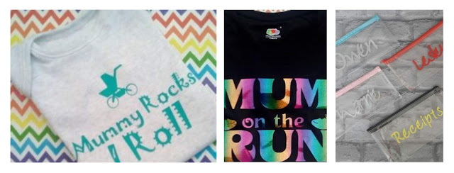 Collage featuring Mummy Rocks baby gro, Mum on the Run T shirt and personalised pencil cases