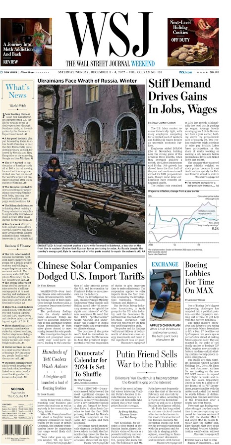 THE WALL STREET JOURNAL WEEKEND   Portada  Sábado y Domingo  4 y 5 de DIciembre de 2022