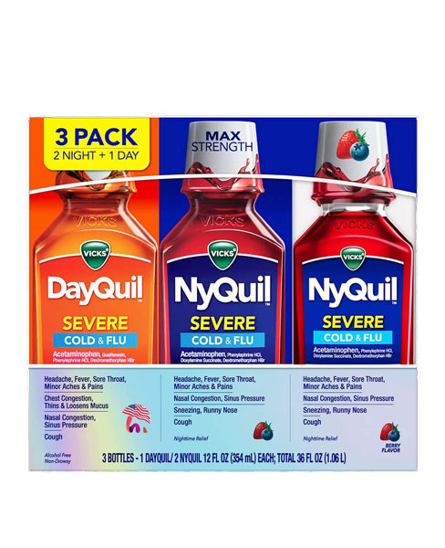 Siro cảm Vicks DayQuil & NyQuil Cold & Flu Severe 354ml x3 chai (1 Day + 2 Night Berry Flavor)